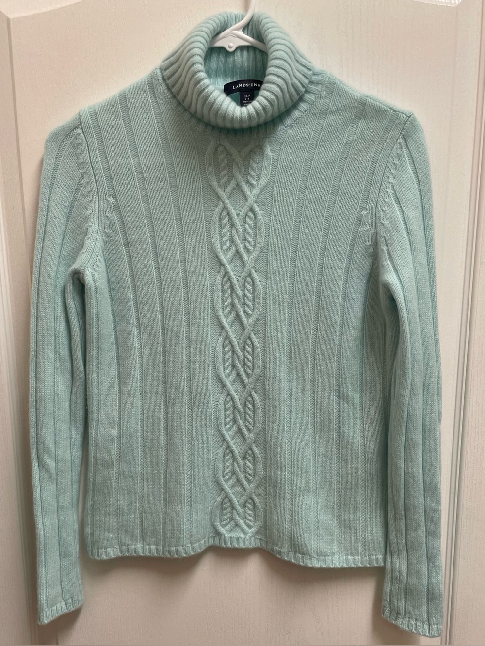 Lands' End Mint Cable-Knit Turtleneck Sweater